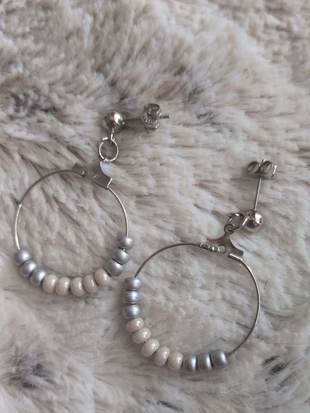 Silver Hoop Earrings with Cream and Silver Beads
